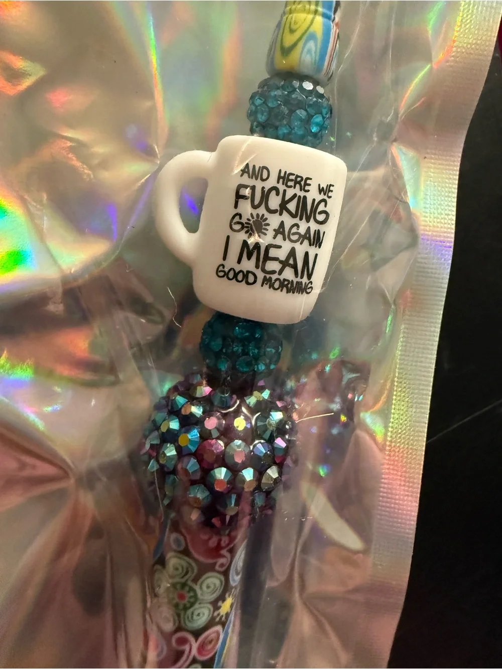 Handmade Colorful Swirl Pattern Beaded Pen with “Good Morning” Mug Topper